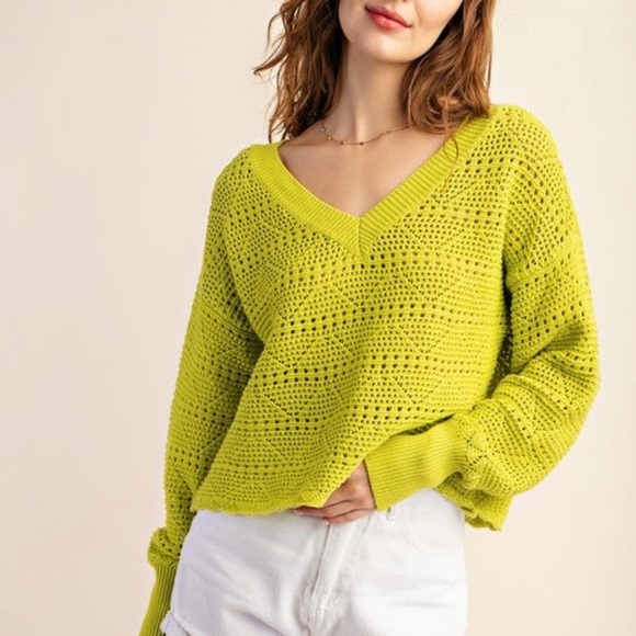 Kori Sweaters - KORI V-Neck Cotton Crochet Lime Green Sweater - NWT